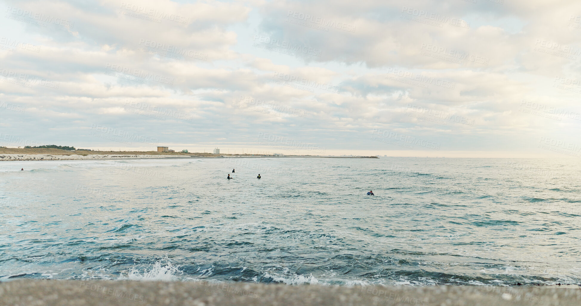 Buy stock photo Ocean, sports and people surfing at beach on blue sky for fitness, health or recreation in summer. Exercise, nature and water with surfer group in sea for travel, holiday or vacation on coast space