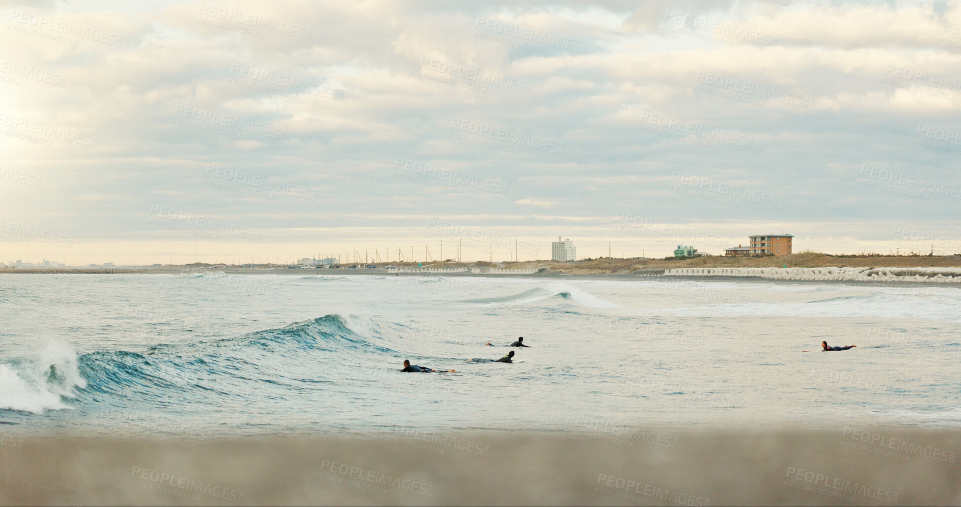 Buy stock photo Sea, exercise and people surfing at beach on blue sky for fitness, health or recreation in summer. Sports, nature and water with surfer group in ocean for travel, holiday or vacation on coast space