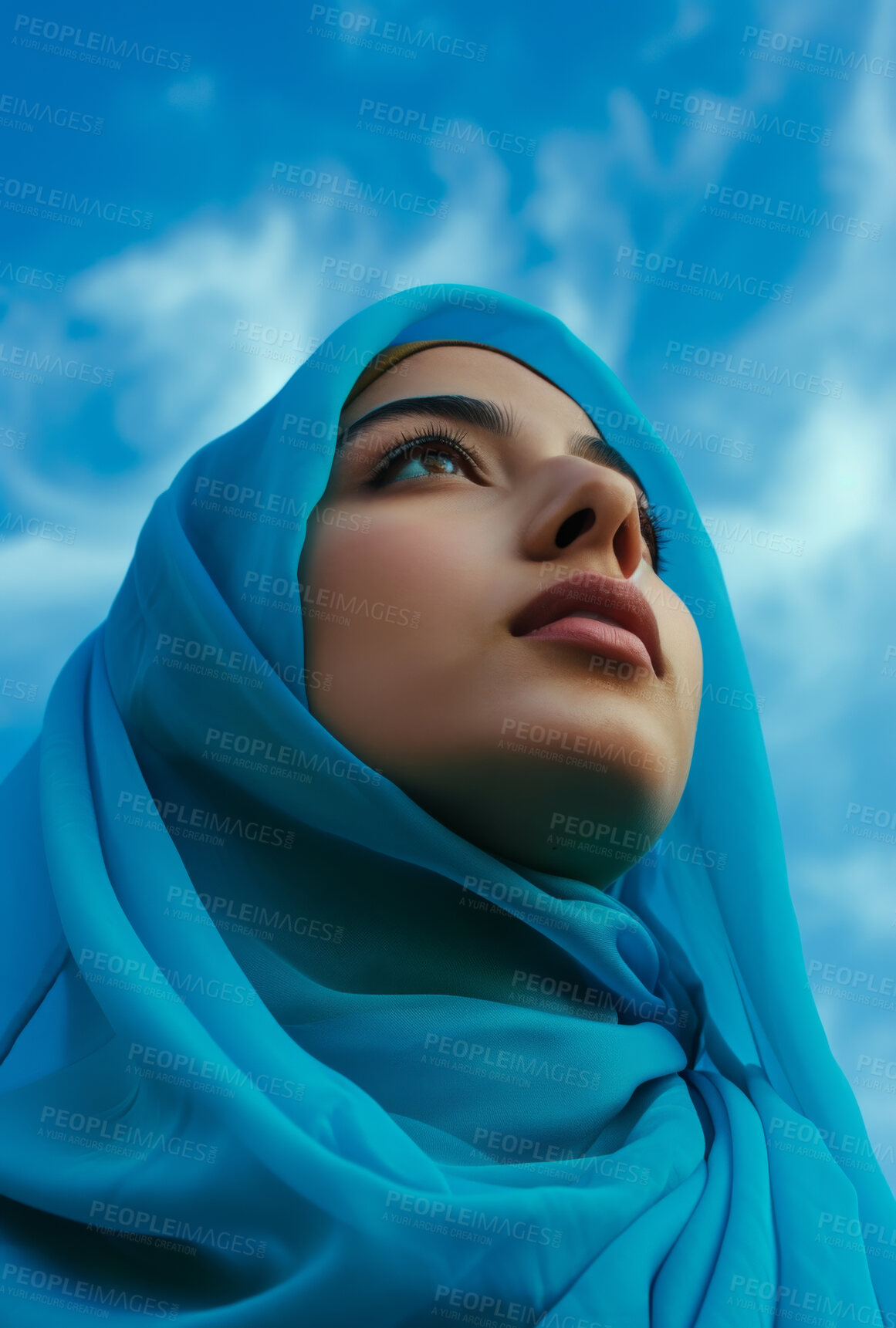 Buy stock photo Muslim, portrait and woman wearing a traditional scarf or hijab for beauty fashion, modesty, and Islam. Confident, vibrant and beautiful shot of girl with colorful textile for awareness and hope