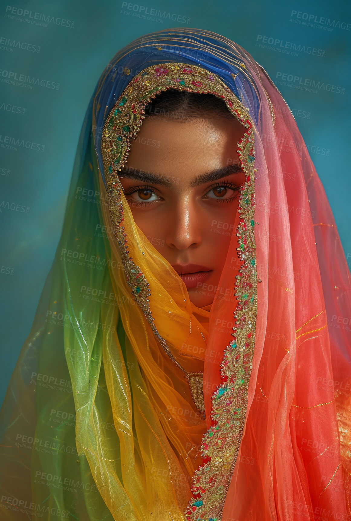 Buy stock photo Muslim, portrait and woman wearing a traditional scarf or hijab for beauty fashion, modesty, and Islam. Confident, vibrant and beautiful shot of girl with colorful textile for awareness and hope