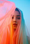 Muslim, portrait and woman wearing a traditional scarf or hijab for beauty fashion, modesty, and Islam. Confident, vibrant and beautiful shot of girl with colorful textile for awareness and hope