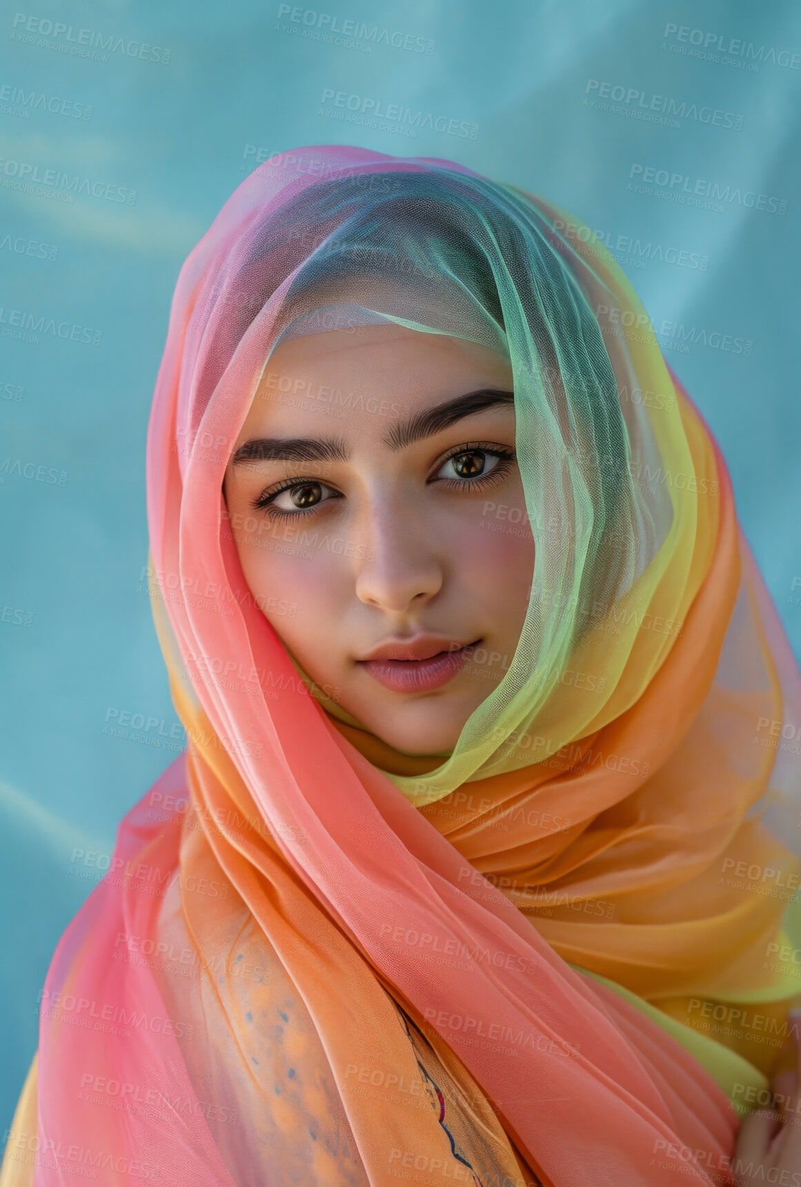 Buy stock photo Muslim, portrait and woman wearing a traditional scarf or hijab for beauty fashion, modesty, and Islam. Confident, vibrant and beautiful shot of girl with colorful textile for awareness and hope