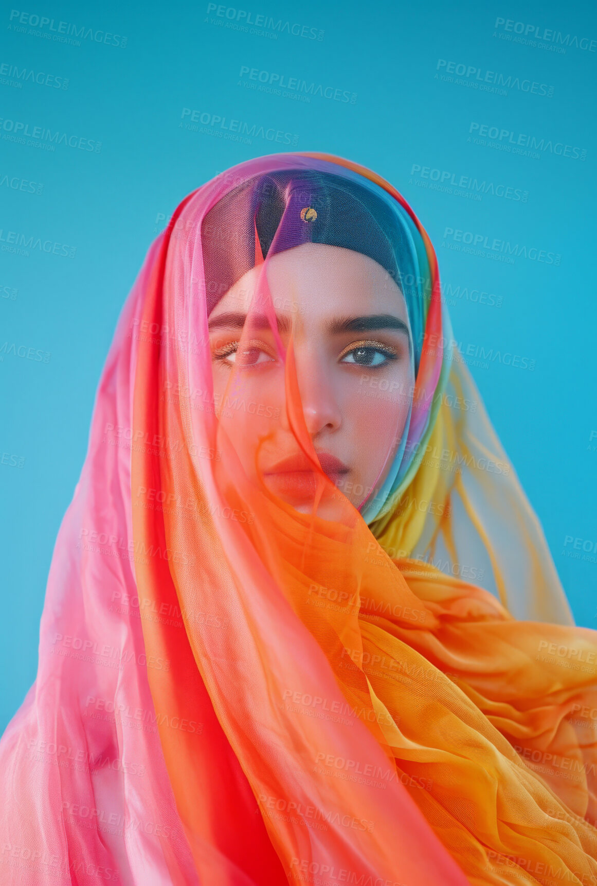 Buy stock photo Muslim, portrait and woman wearing a traditional scarf or hijab for beauty fashion, modesty, and Islam. Confident, vibrant and beautiful shot of girl with colorful textile for awareness and hope