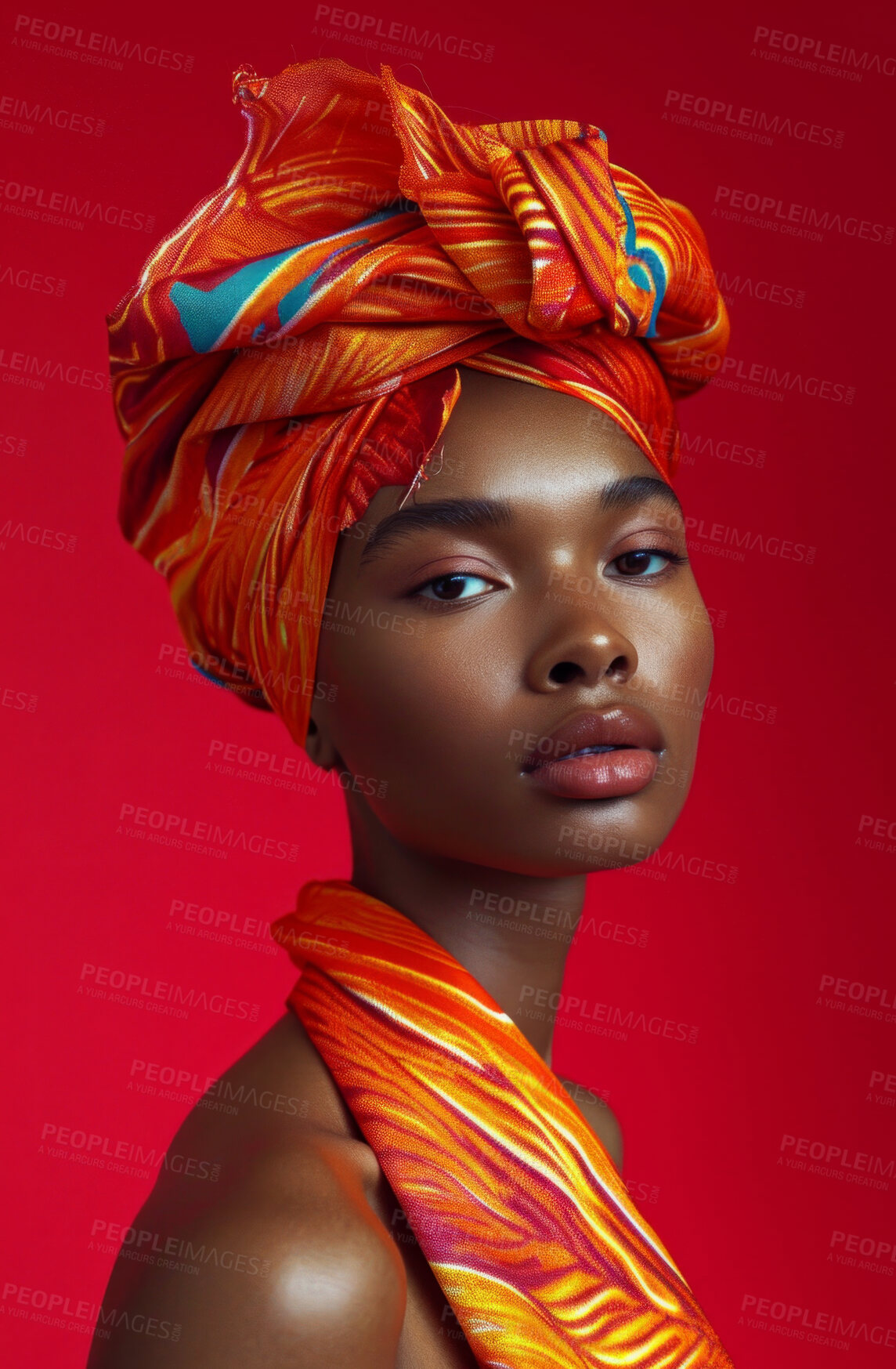 Buy stock photo African, portrait and woman wearing a traditional head wrap for beauty fashion, modesty, and tradition. Confident, smile and beautiful colorful shot of a happy girl for contentment and skincare