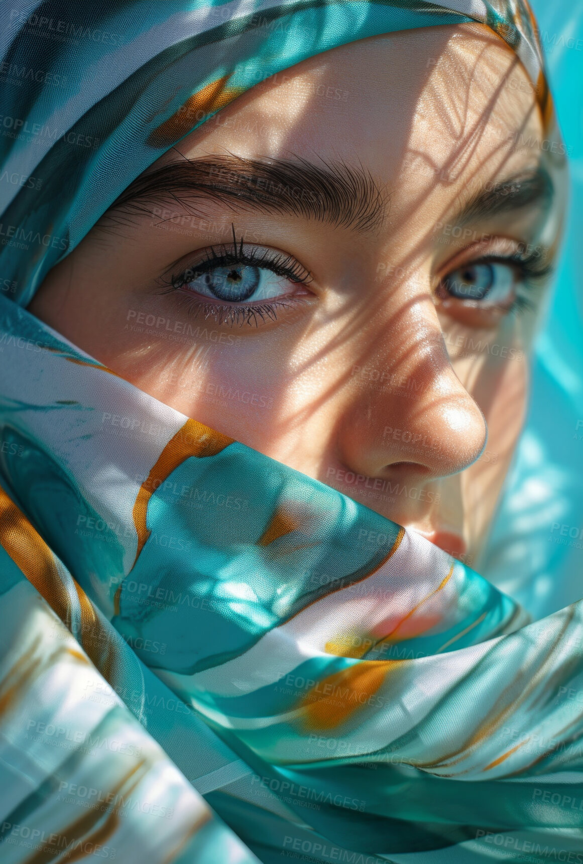 Buy stock photo Muslim, portrait and woman wearing a traditional scarf or hijab for beauty fashion, modesty, and Islam. Confident, vibrant and beautiful shot of girl with colorful textile for awareness and hope