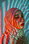 Muslim, portrait and woman wearing a traditional scarf or hijab for beauty fashion, modesty, and Islam. Confident, vibrant and beautiful shot of girl with colorful textile for awareness and hope