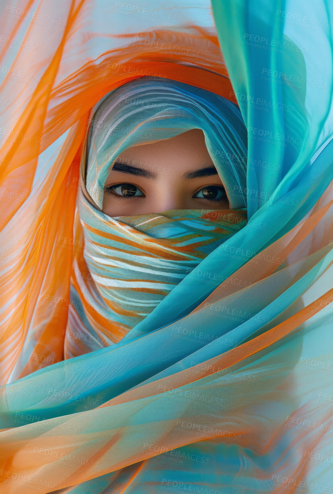 Buy stock photo Muslim, portrait and woman wearing a traditional scarf or hijab for beauty fashion, modesty, and Islam. Confident, vibrant and beautiful shot of girl with colorful textile for awareness and hope