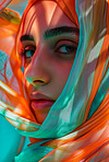 Muslim, portrait and woman wearing a traditional scarf or hijab for beauty fashion, modesty, and Islam. Confident, vibrant and beautiful shot of girl with colorful textile for awareness and hope