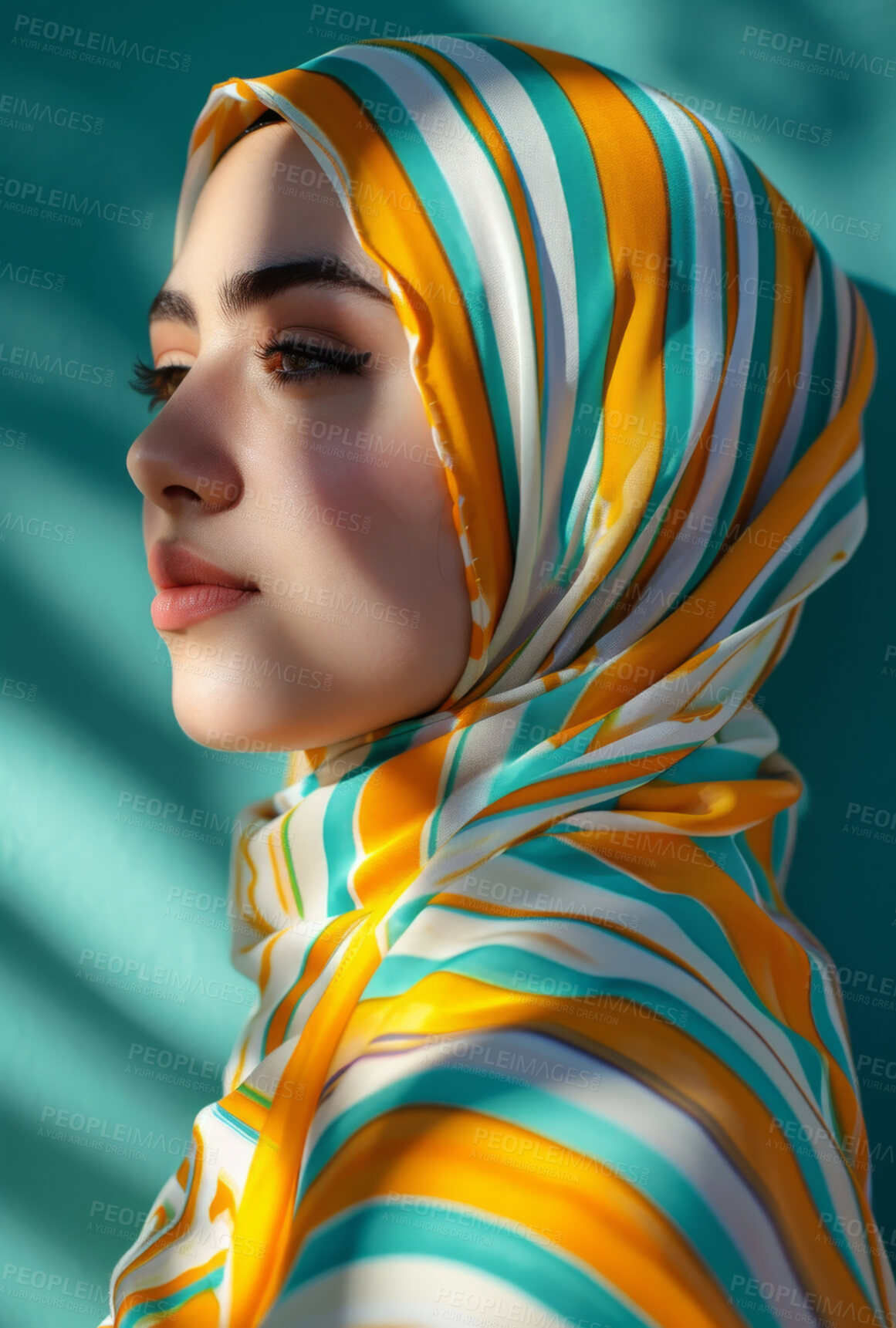 Buy stock photo Muslim, portrait and woman wearing a traditional scarf or hijab for beauty fashion, modesty, and Islam. Confident, vibrant and beautiful shot of girl with colorful textile for awareness and hope