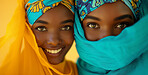 Muslim, portrait and woman wearing a traditional scarf or hijab for beauty fashion, modesty, and Islam. Confident, vibrant and beautiful shot of girl with colorful textile for awareness and hope