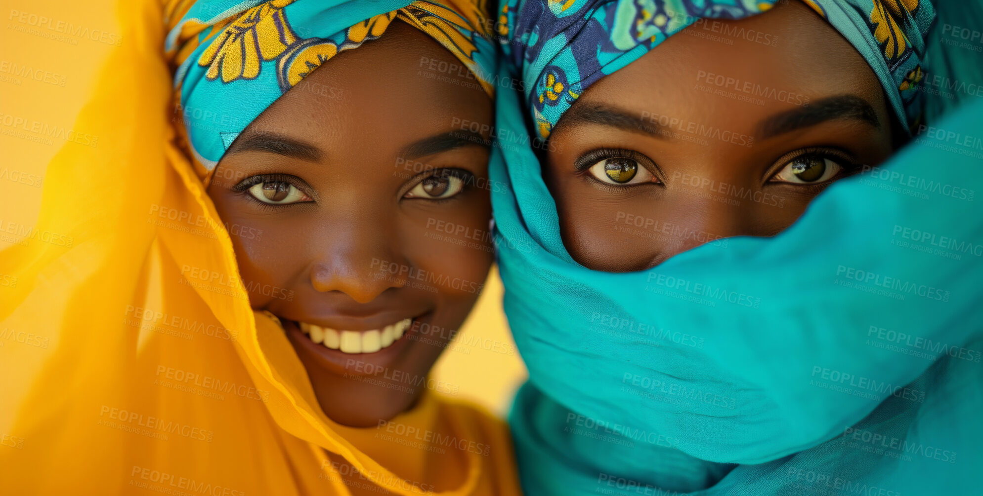 Buy stock photo Muslim, portrait and woman wearing a traditional scarf or hijab for beauty fashion, modesty, and Islam. Confident, vibrant and beautiful shot of girl with colorful textile for awareness and hope