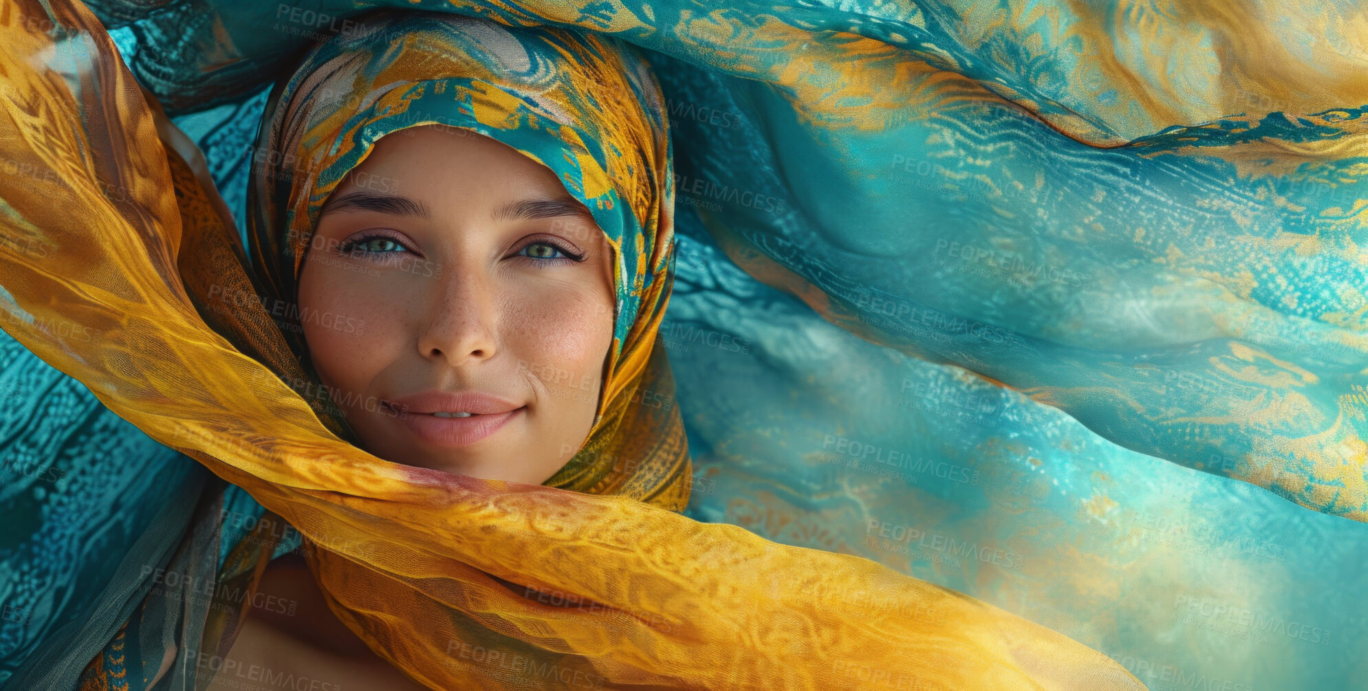 Buy stock photo Muslim, portrait and woman wearing a traditional scarf or hijab for beauty fashion, modesty, and Islam. Confident, vibrant and beautiful shot of girl with colorful textile for awareness and hope