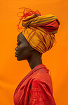 African, portrait and woman wearing a traditional head wrap for beauty fashion, modesty, and tradition. Confident, smile and beautiful colorful shot of a happy girl for contentment and skincare