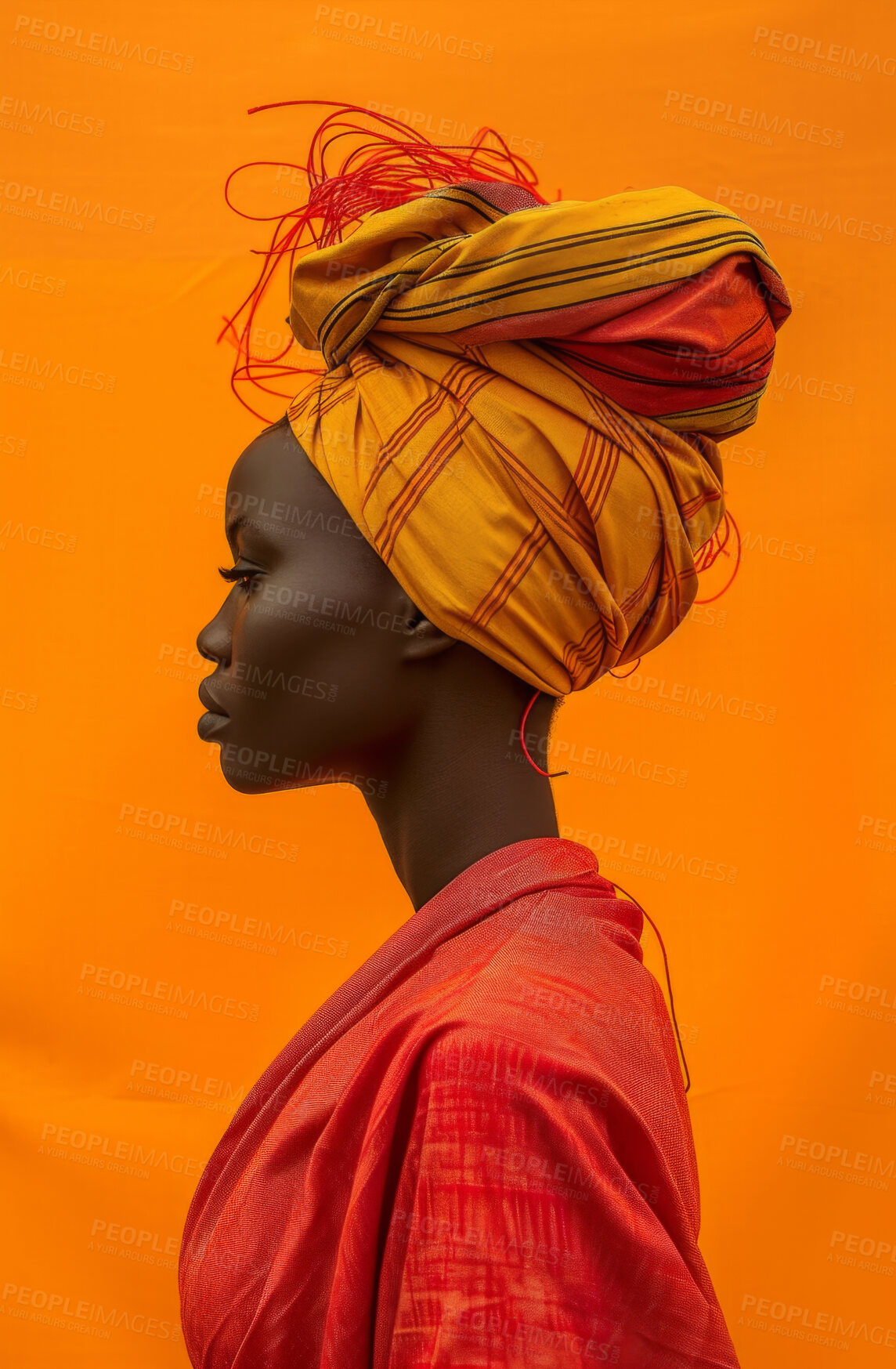 Buy stock photo African, portrait and woman wearing a traditional head wrap for beauty fashion, modesty, and tradition. Confident, smile and beautiful colorful shot of a happy girl for contentment and skincare