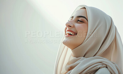 Muslim, portrait and woman wearing a traditional scarf or hijab for beauty fashion, modesty, and Islam. Confident, smile and beautiful shot of happy girl for protest awareness, religion and hope