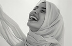 Muslim, portrait and woman wearing a traditional scarf or hijab for beauty fashion, modesty, and Islam. Confident, smile and beautiful shot of happy girl for protest awareness, religion and hope