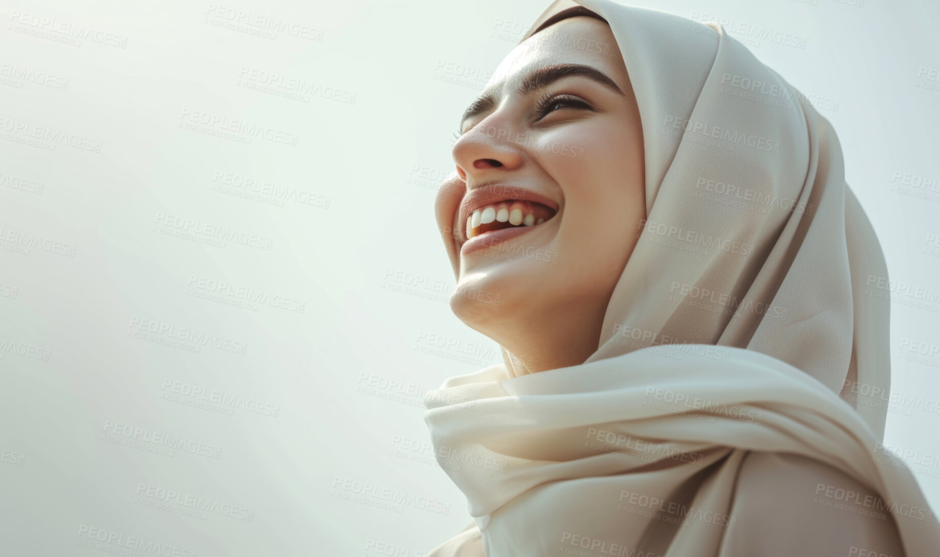 Buy stock photo Muslim, portrait and woman wearing a traditional scarf or hijab for beauty fashion, modesty, and Islam. Confident, smile and beautiful shot of happy girl for protest awareness, religion and hope