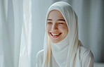 Muslim, portrait and woman wearing a traditional scarf or hijab for beauty fashion, modesty, and Islam. Confident, smile and beautiful shot of happy girl for protest awareness, religion and hope