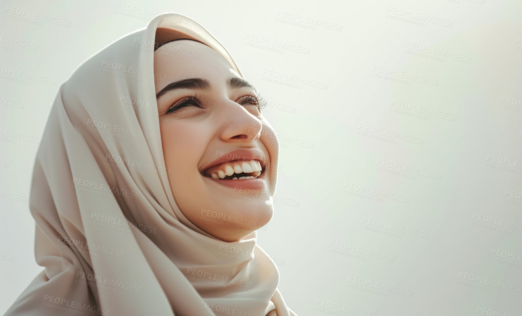 Buy stock photo Muslim, portrait and woman wearing a traditional scarf or hijab for beauty fashion, modesty, and Islam. Confident, smile and beautiful shot of happy girl for protest awareness, religion and hope