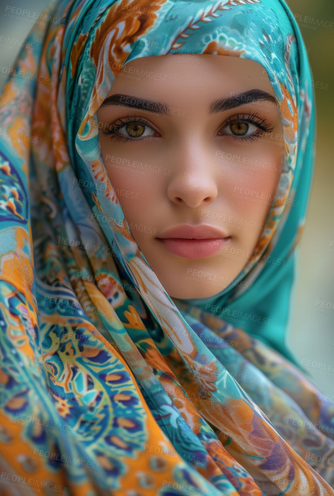 Buy stock photo Muslim, portrait and woman wearing a traditional scarf or hijab for beauty fashion, modesty, and Islam. Confident, vibrant and beautiful shot of girl with colorful textile for awareness and hope