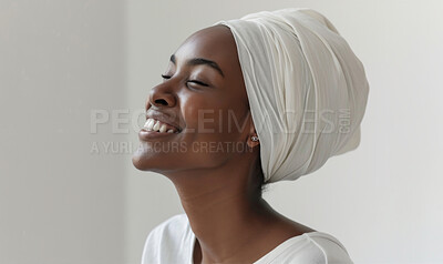 African, portrait and woman wearing a traditional head wrap for beauty fashion, modesty, and tradition. Confident, smile and beautiful shot of a happy girl for contentment, skincare or hygiene