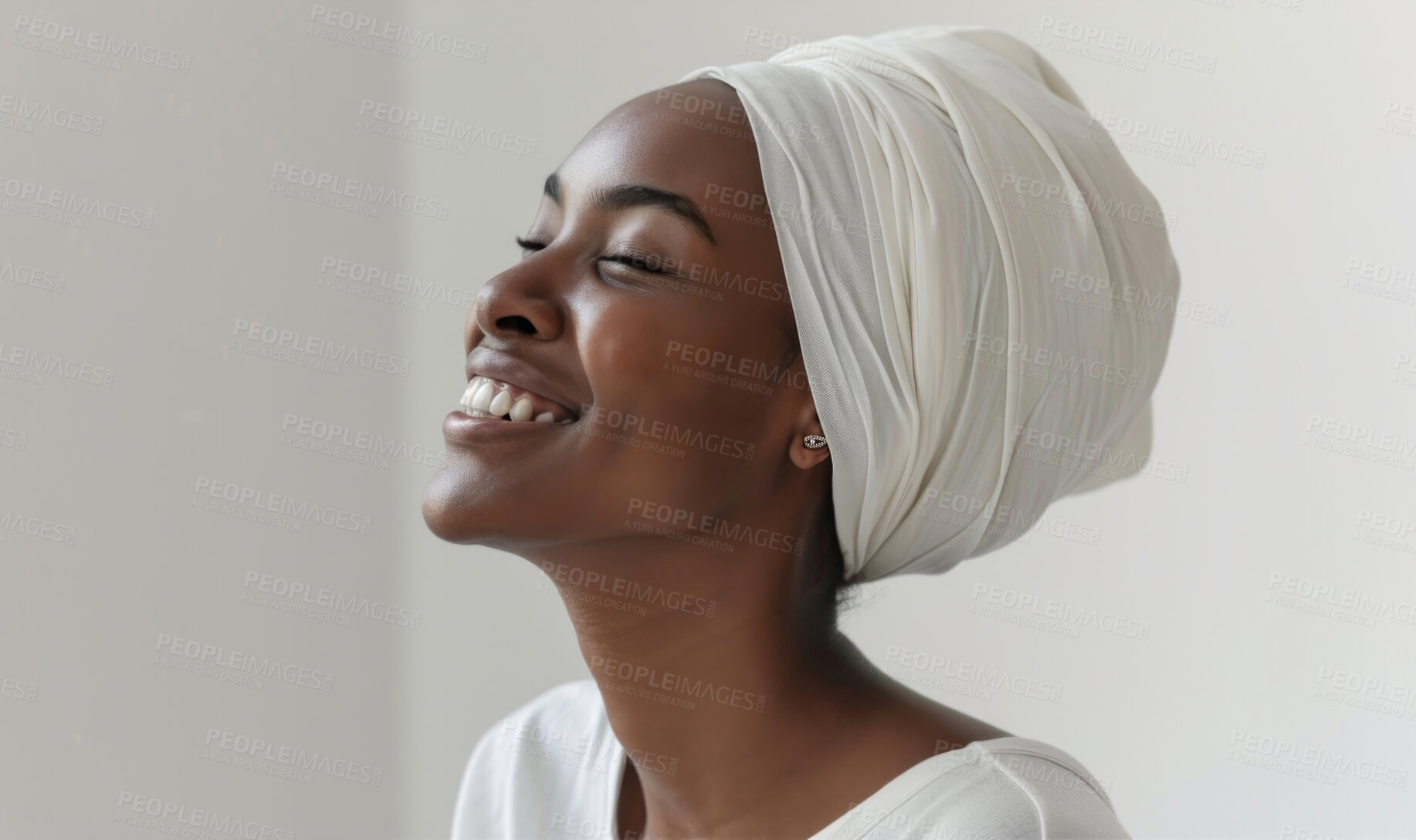 Buy stock photo African, portrait and woman wearing a traditional head wrap for beauty fashion, modesty, and tradition. Confident, smile and beautiful shot of a happy girl for contentment, skincare or hygiene