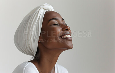 Buy stock photo African, portrait and woman wearing a traditional head wrap for beauty fashion, modesty, and tradition. Confident, smile and beautiful shot of a happy girl for contentment, skincare or hygiene