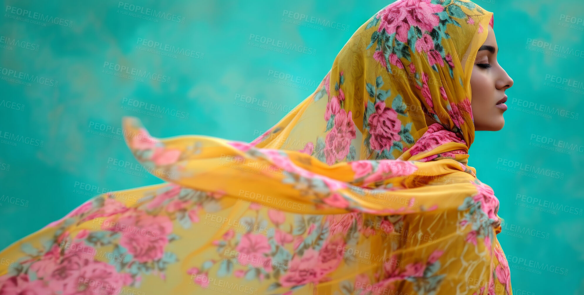 Buy stock photo Muslim, portrait and woman wearing a traditional scarf or hijab for beauty fashion, modesty, and Islam. Confident, vibrant and beautiful shot of girl with colorful textile for awareness and hope