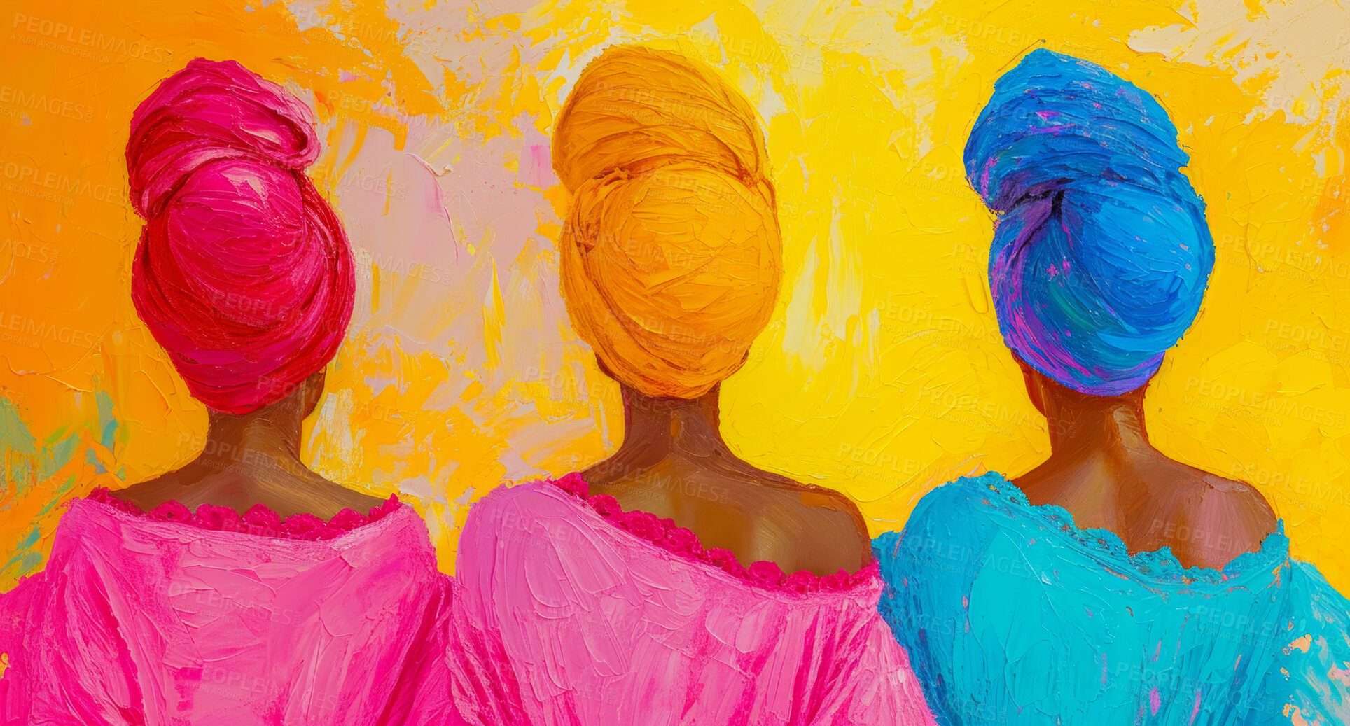 Buy stock photo African, painting and woman wearing a traditional head wrap for beauty fashion, modesty, and tradition art. Colorful, vibrant and beautiful artwork for background, creative wallpaper or backdrop