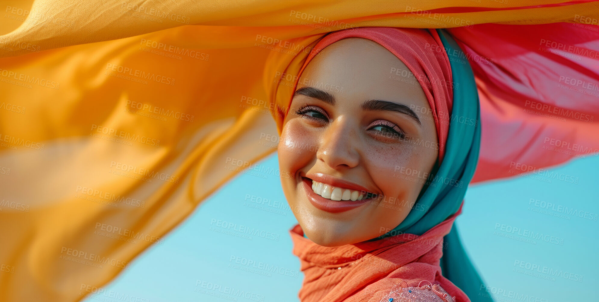 Buy stock photo Muslim, portrait and woman wearing a traditional scarf or hijab for beauty fashion, modesty, and Islam. Confident, vibrant and beautiful shot of girl with colorful textile for awareness and hope