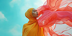 Muslim, portrait and woman wearing a traditional scarf or hijab for beauty fashion, modesty, and Islam. Confident, vibrant and beautiful shot of girl with colorful textile for awareness and hope