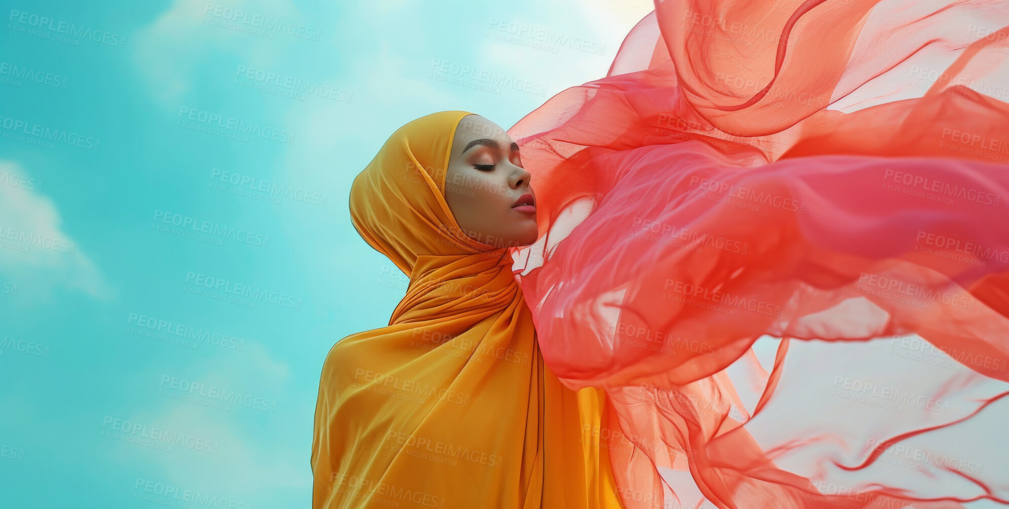 Buy stock photo Muslim, portrait and woman wearing a traditional scarf or hijab for beauty fashion, modesty, and Islam. Confident, vibrant and beautiful shot of girl with colorful textile for awareness and hope