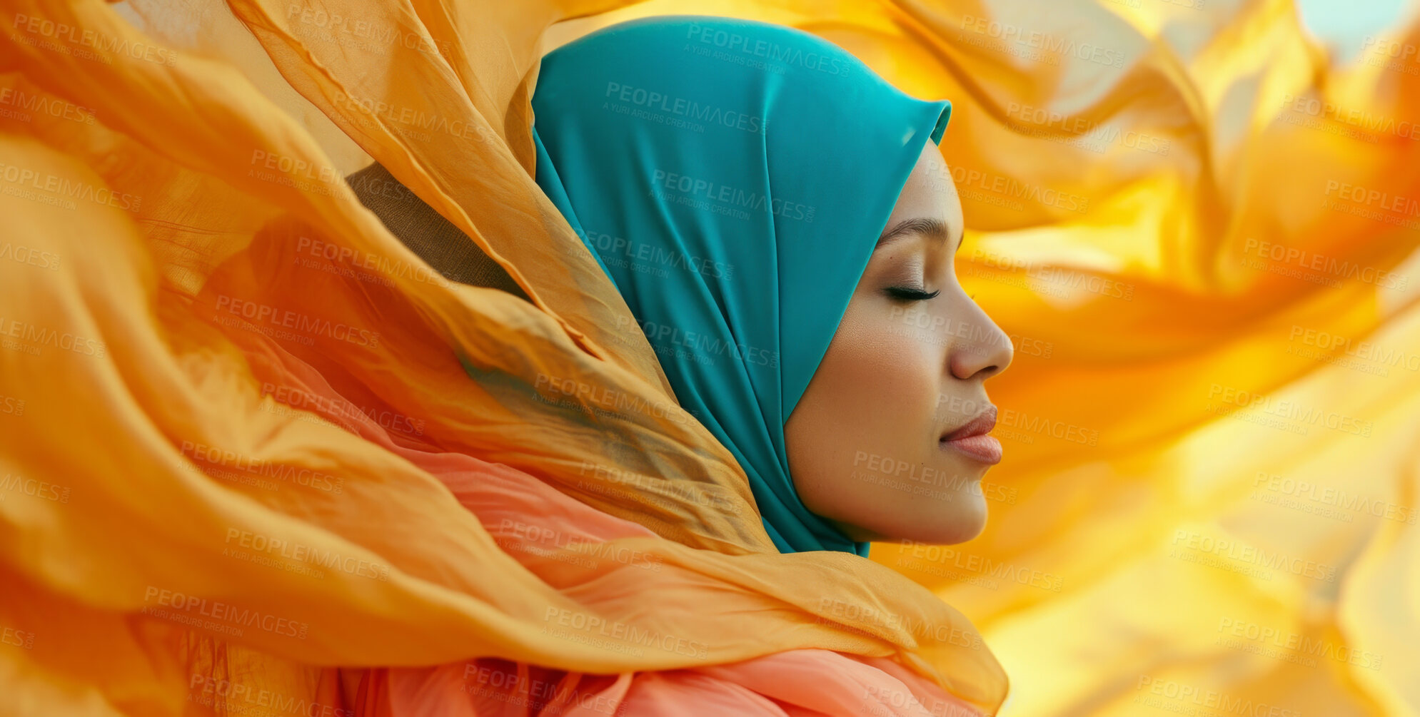 Buy stock photo Muslim, portrait and woman wearing a traditional scarf or hijab for beauty fashion, modesty, and Islam. Confident, vibrant and beautiful shot of girl with colorful textile for awareness and hope