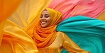 Muslim, portrait and woman wearing a traditional scarf or hijab for beauty fashion, modesty, and Islam. Confident, vibrant and beautiful shot of girl with colorful textile for awareness and hope