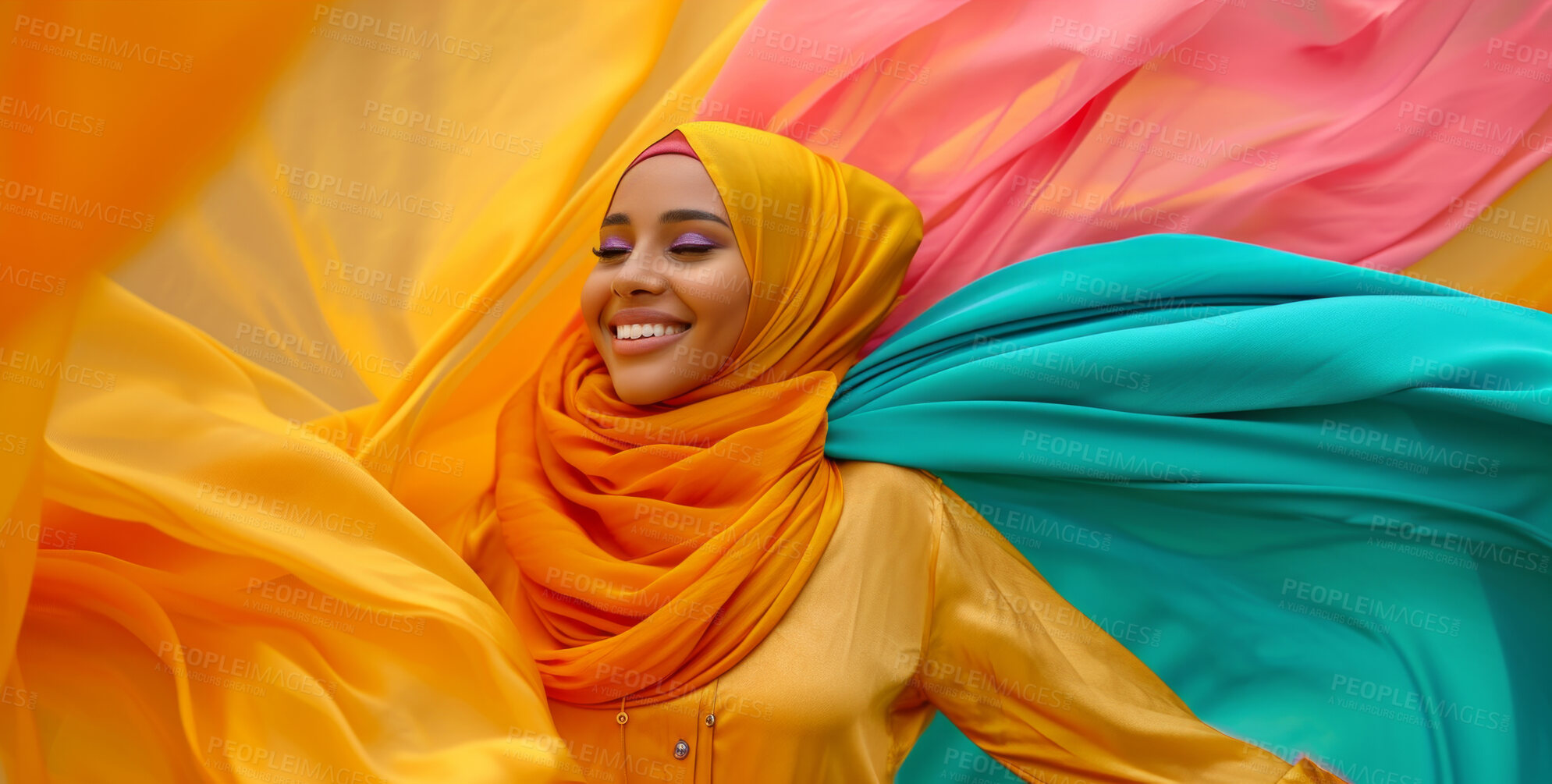 Buy stock photo Muslim, portrait and woman wearing a traditional scarf or hijab for beauty fashion, modesty, and Islam. Confident, vibrant and beautiful shot of girl with colorful textile for awareness and hope