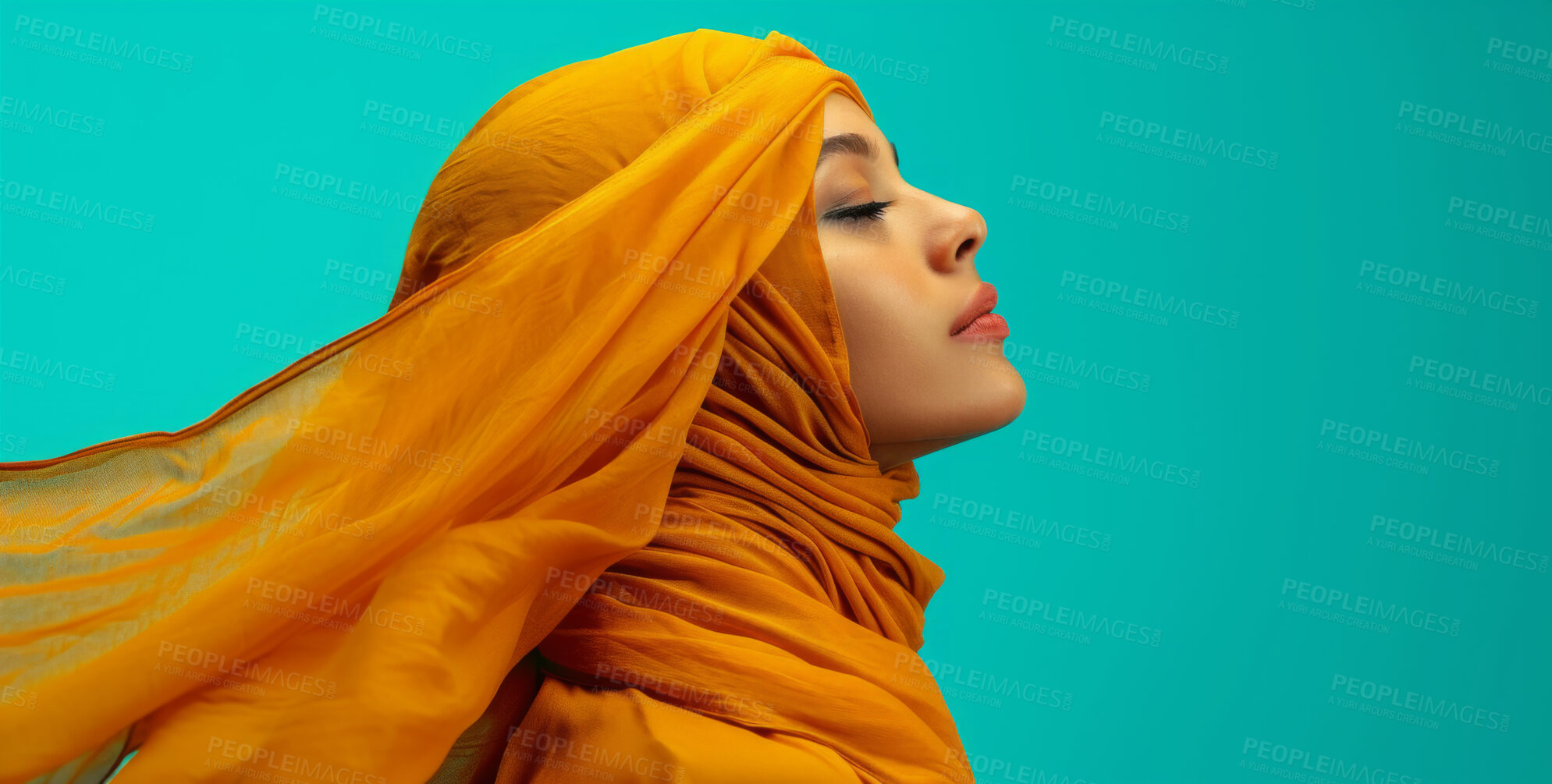 Buy stock photo Muslim, portrait and woman wearing a traditional scarf or hijab for beauty fashion, modesty, and Islam. Confident, vibrant and beautiful shot of girl with colorful textile for awareness and hope