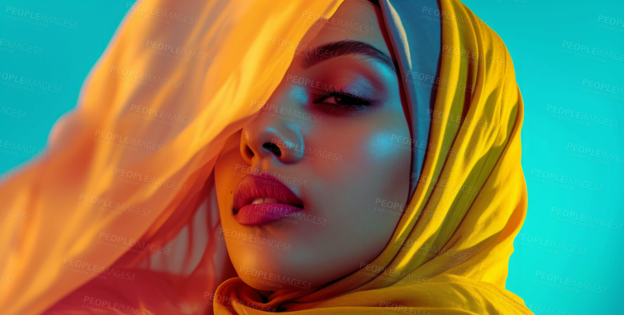 Buy stock photo Muslim, portrait and woman wearing a traditional scarf or hijab for beauty fashion, modesty, and Islam. Confident, vibrant and beautiful shot of girl with colorful textile for awareness and hope