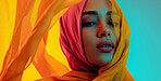 Muslim, portrait and woman wearing a traditional scarf or hijab for beauty fashion, modesty, and Islam. Confident, vibrant and beautiful shot of girl with colorful textile for awareness and hope