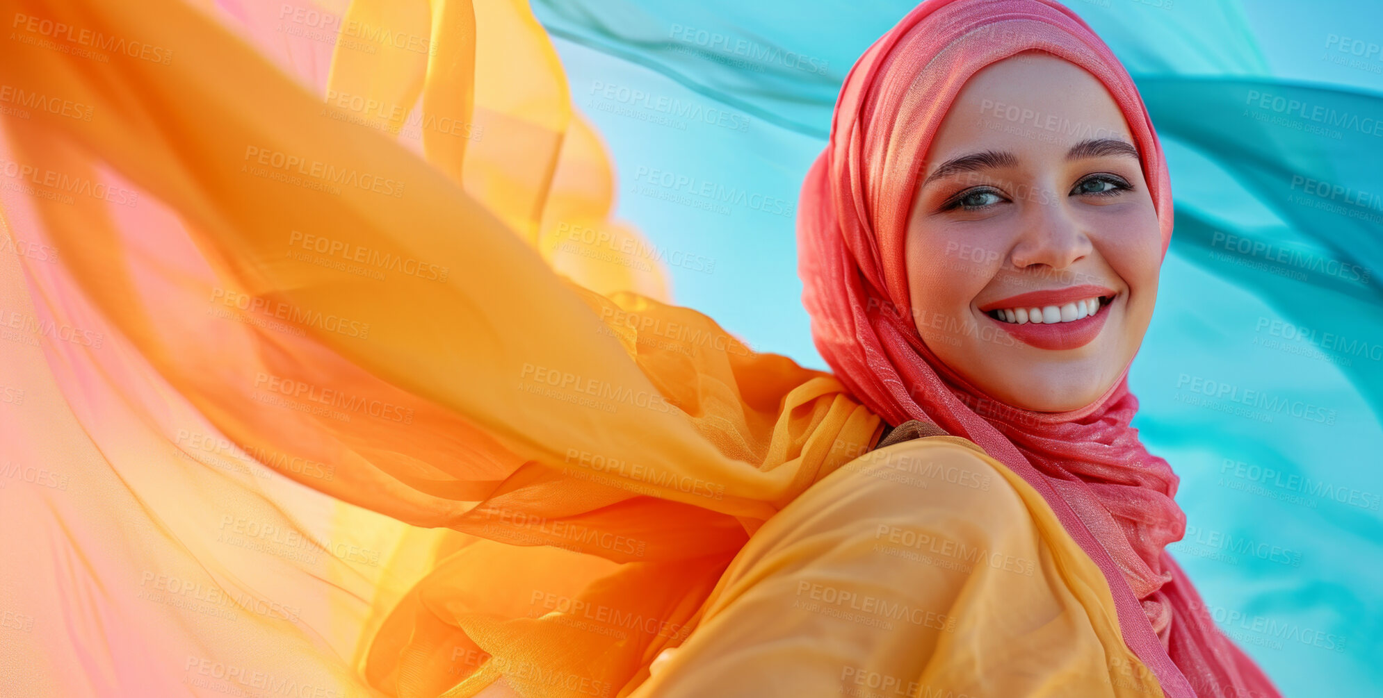 Buy stock photo Muslim, portrait and woman wearing a traditional scarf or hijab for beauty fashion, modesty, and Islam. Confident, vibrant and beautiful shot of girl with colorful textile for awareness and hope