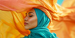 Muslim, portrait and woman wearing a traditional scarf or hijab for beauty fashion, modesty, and Islam. Confident, vibrant and beautiful shot of girl with colorful textile for awareness and hope