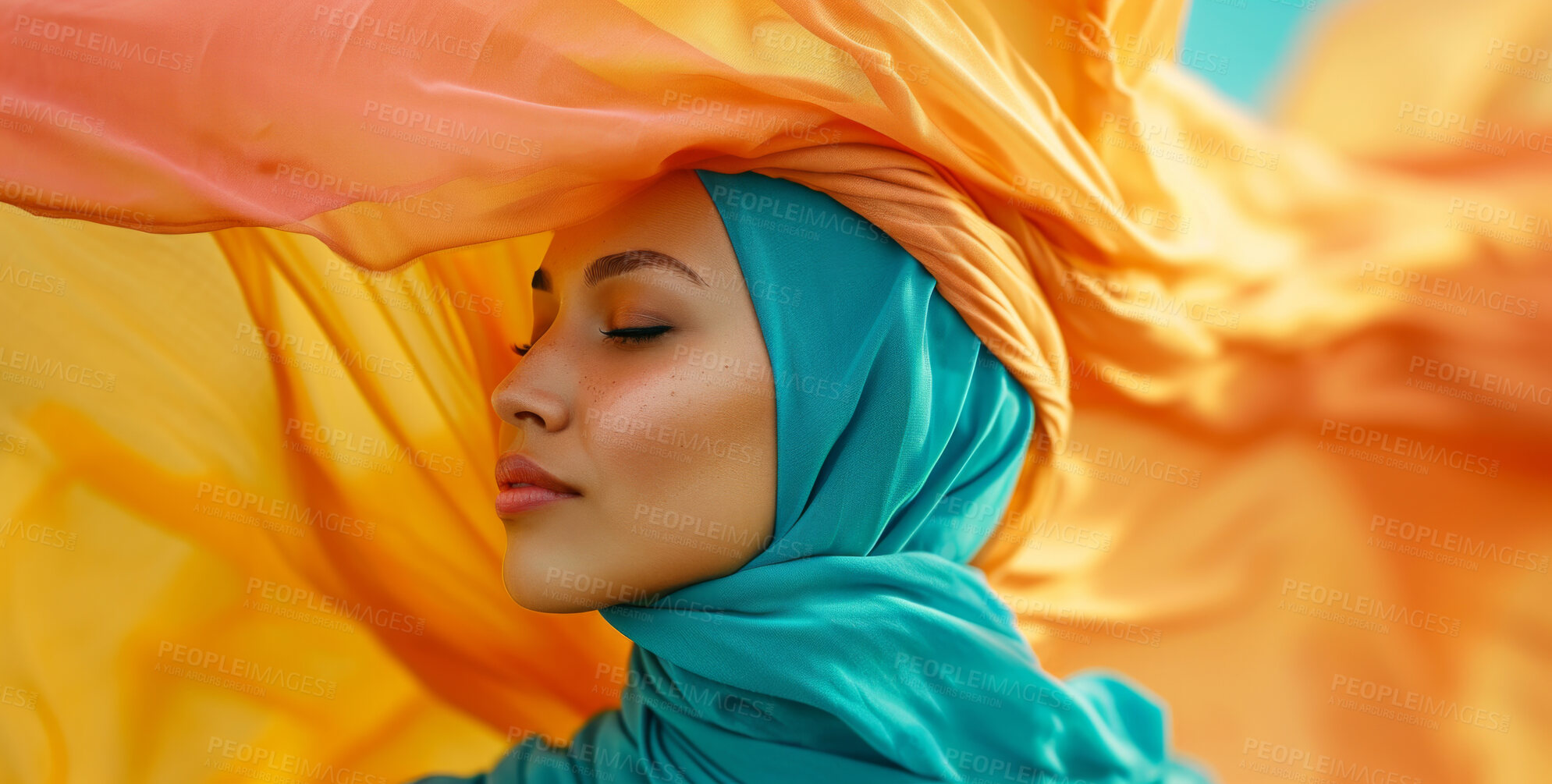 Buy stock photo Muslim, portrait and woman wearing a traditional scarf or hijab for beauty fashion, modesty, and Islam. Confident, vibrant and beautiful shot of girl with colorful textile for awareness and hope