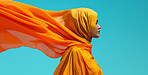 Muslim, portrait and woman wearing a traditional scarf or hijab for beauty fashion, modesty, and Islam. Confident, vibrant and beautiful shot of girl with colorful textile for awareness and hope