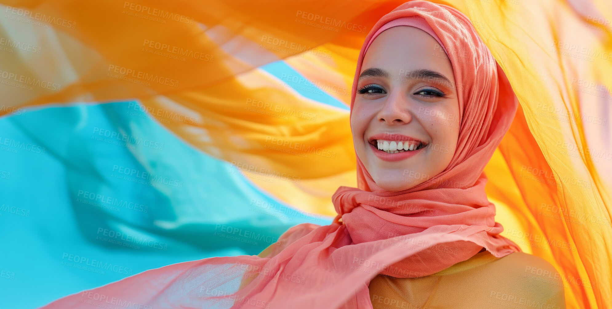 Buy stock photo Muslim, portrait and woman wearing a traditional scarf or hijab for beauty fashion, modesty, and Islam. Confident, vibrant and beautiful shot of girl with colorful textile for awareness and hope