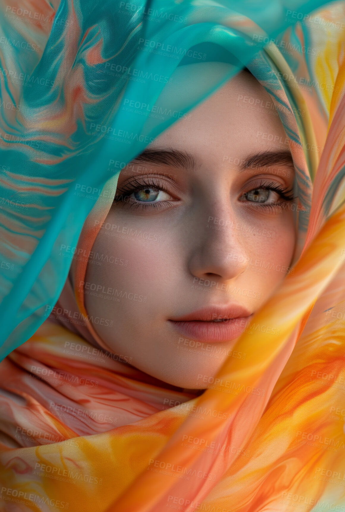 Buy stock photo Muslim, portrait and woman wearing a traditional scarf or hijab for beauty fashion, modesty, and Islam. Confident, vibrant and beautiful shot of girl with colorful textile for awareness and hope