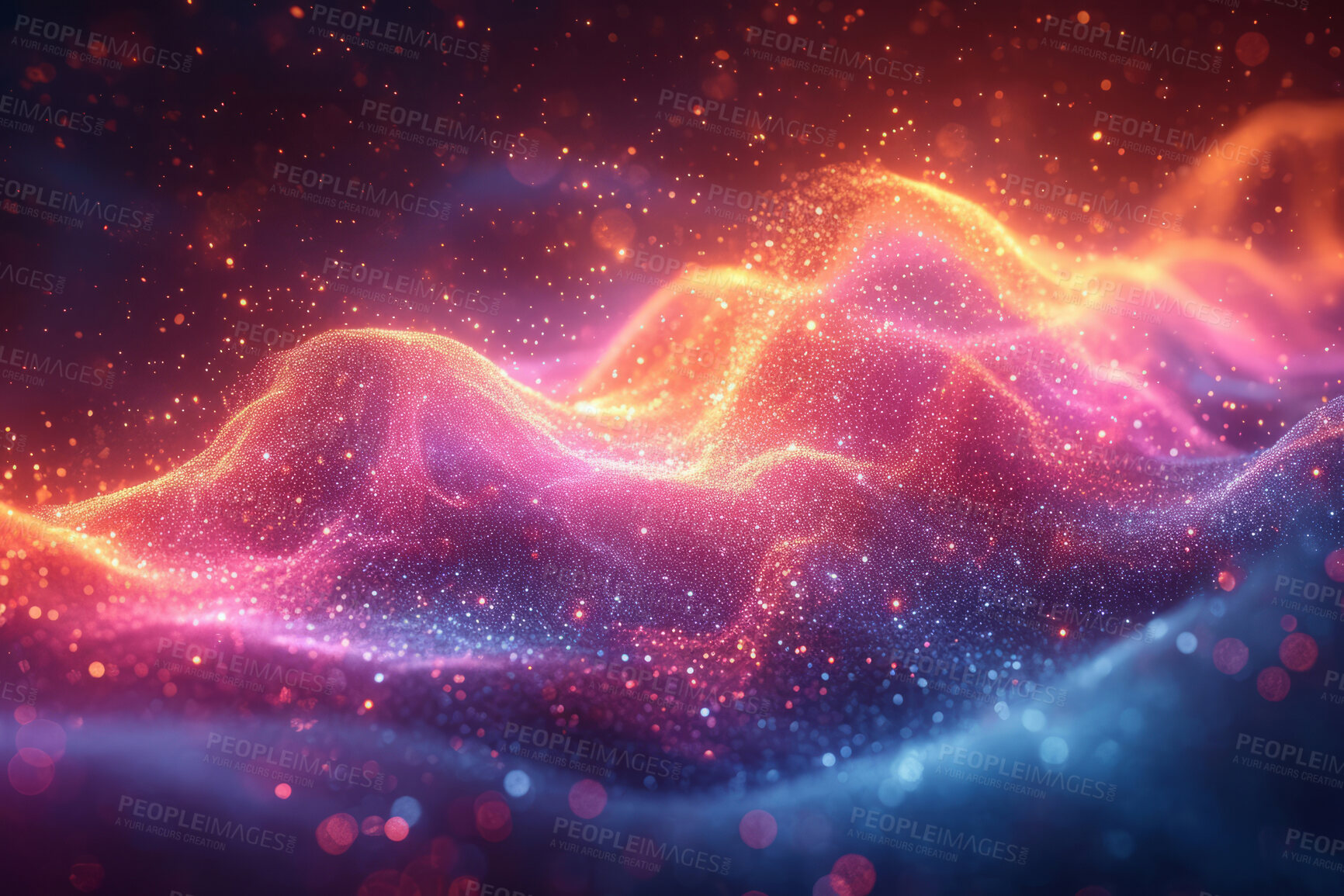 Buy stock photo Abstract particles, futuristic background and glow with wave surface, wallpaper and smooth designs for digital art, creativity and information technology in elegant style and glossy smooth curves