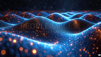 Buy stock photo Abstract particles, futuristic background and glow with wave surface, wallpaper and smooth designs for digital art, creativity and information technology in elegant style and glossy smooth curves