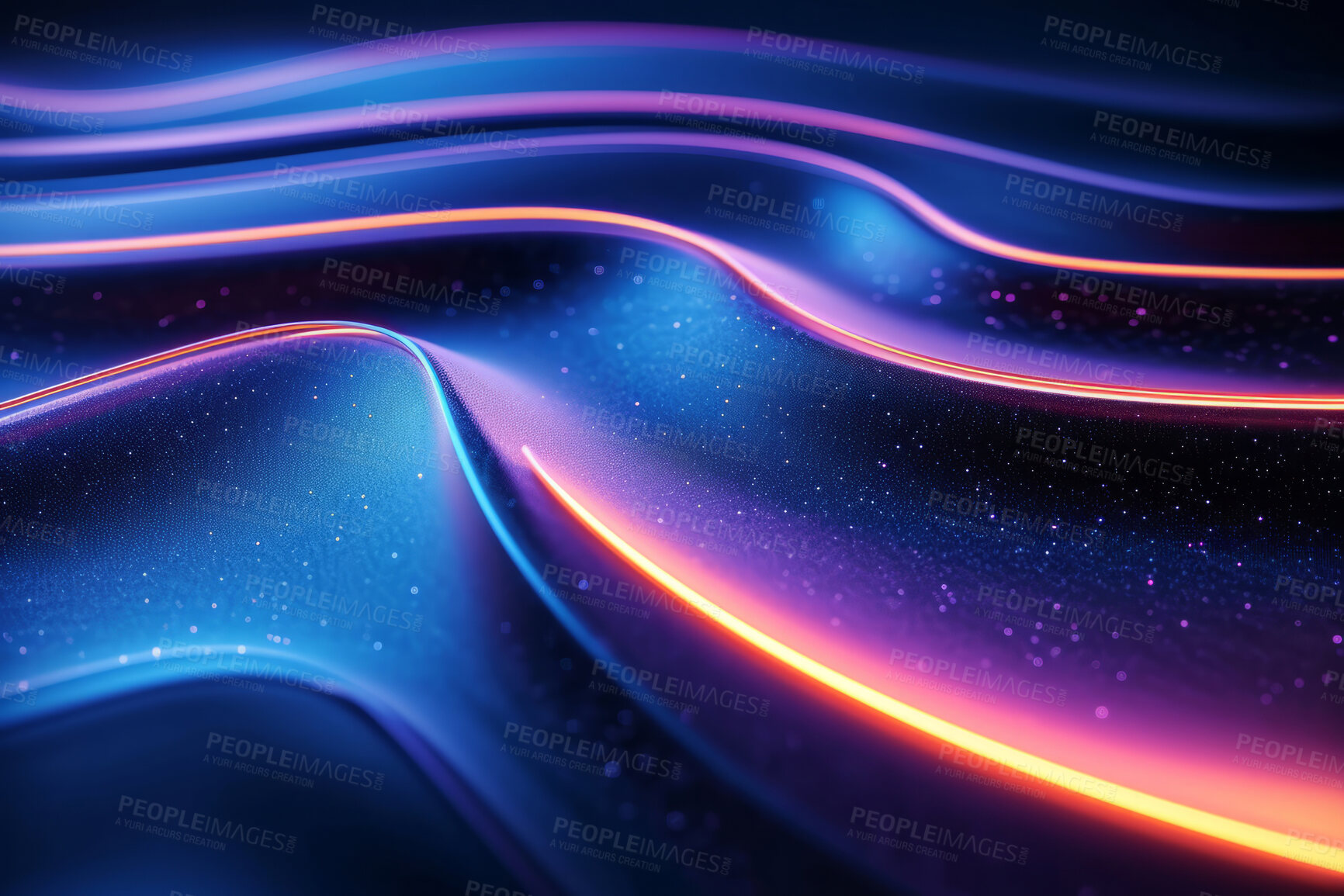 Buy stock photo Neon lines, graphic and background illustration. Wallpaper, futuristic and electrifying designs for digital art, creativity and information technology in mesmerizing style, abstract colour and waves