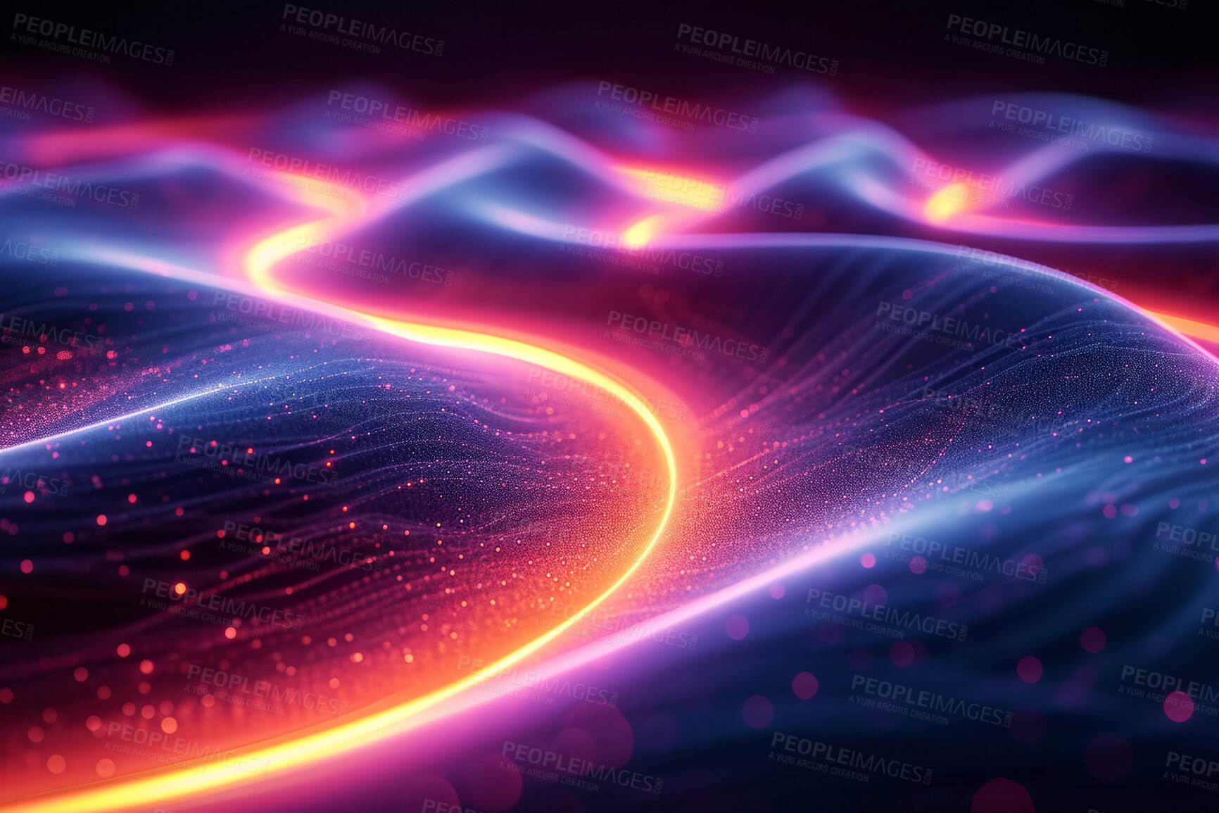 Buy stock photo Neon lines, graphic and background illustration. Wallpaper, futuristic and electrifying designs for digital art, creativity and information technology in mesmerizing style, abstract colour and waves