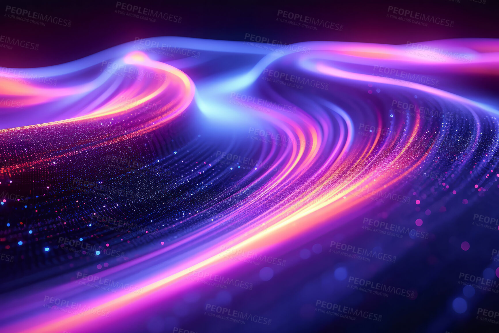 Buy stock photo Neon lines, graphic and background illustration. Wallpaper, futuristic and electrifying designs for digital art, creativity and information technology in mesmerizing style, abstract colour and waves