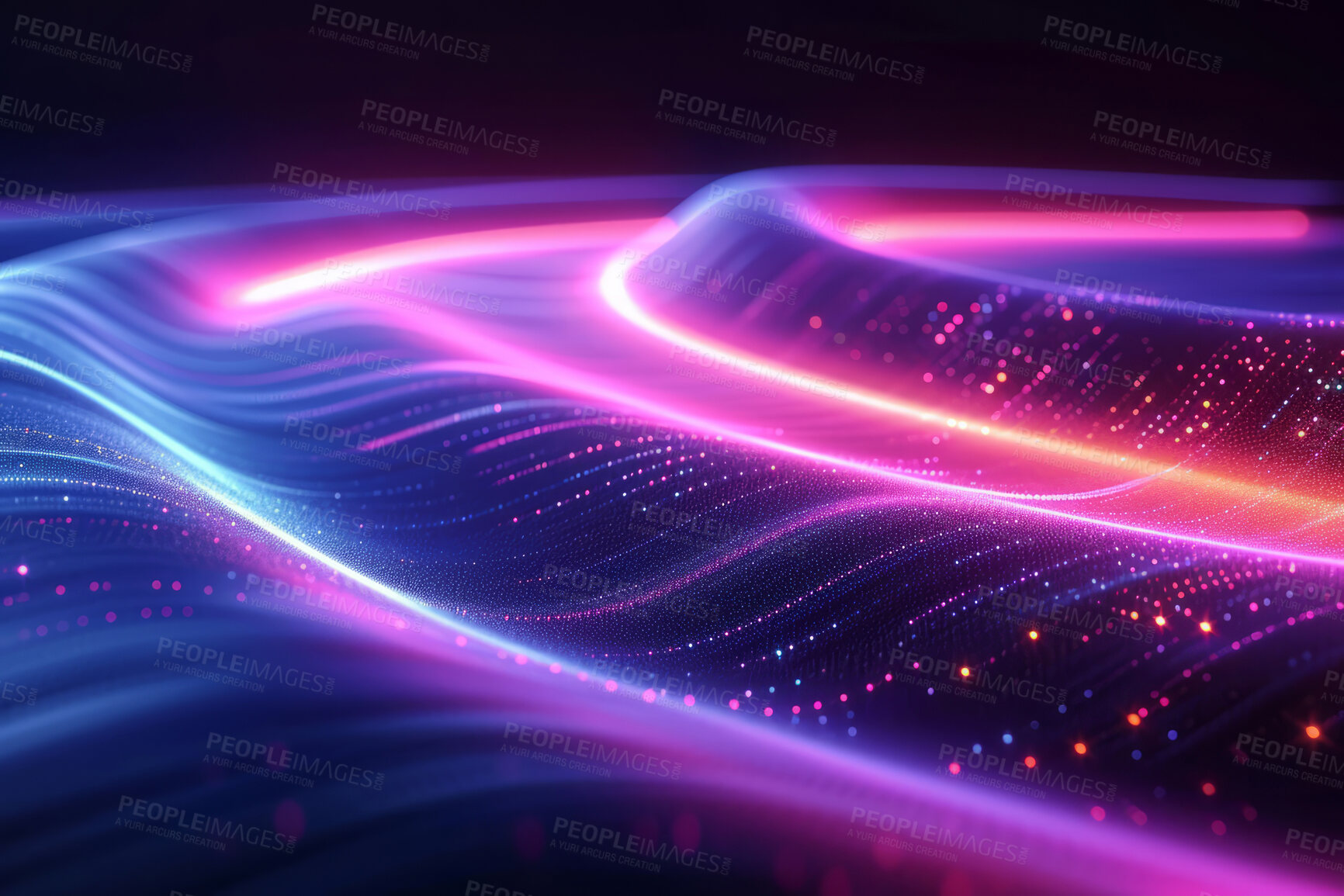 Buy stock photo Neon lines, graphic and background illustration. Wallpaper, futuristic and electrifying designs for digital art, creativity and information technology in mesmerizing style, abstract colour and waves